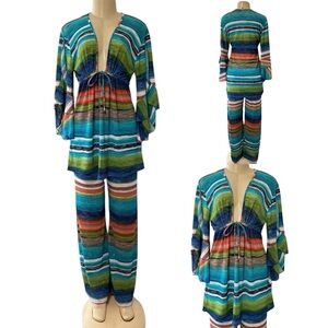 ELAN Beach Outfit Swim Coverup Top & Pant Set Sheer Blue Multicolor Stripe ML‎
